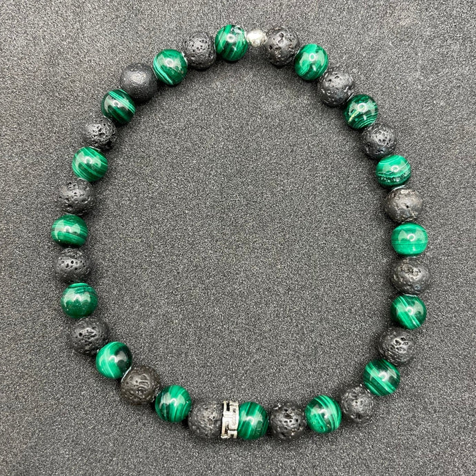 bracelet malachite verte et pierre de lave homme