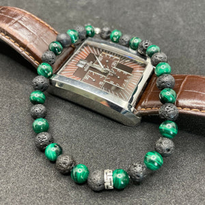 bracelet malachite verte et pierre de lave homme