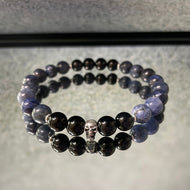 bracelet homme tete de mort pierre bleu sodalite et pierre noire onyx argnet ceritifé rock