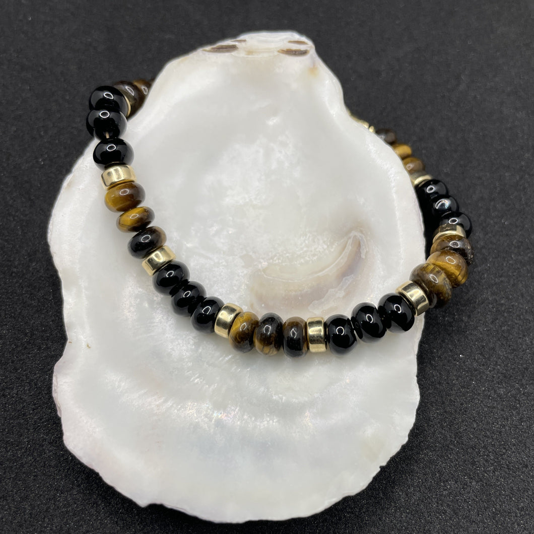 Bracelet femme - Oeil du tigre, Agate noire et or 14 carats