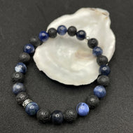 bracelet pour homme en pierres semi précieuses sodalite et pierre de lave avec détails en argent
