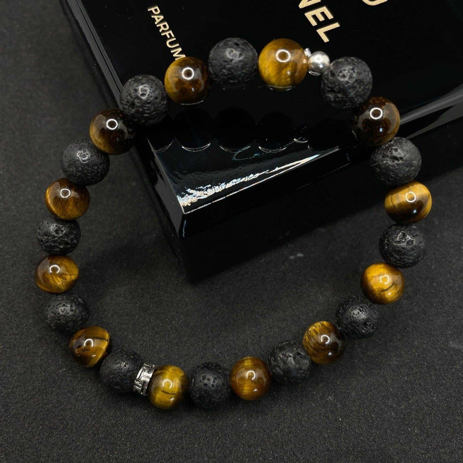 Joli bracelet Homme Œil de Tigre - pierre de lave rondes - bijou zen